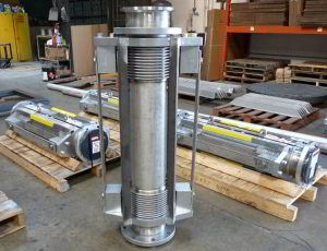 Universal hinged expansion joint designs allow for large amounts of lateral offset. This design incorporated sched-80 lap joint stub ends and hinge pin bearings.