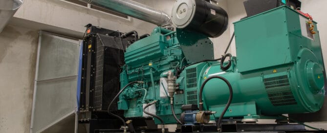 A large green generator situated inside a generator room. Ductwork extends from the machine and is located around the room.