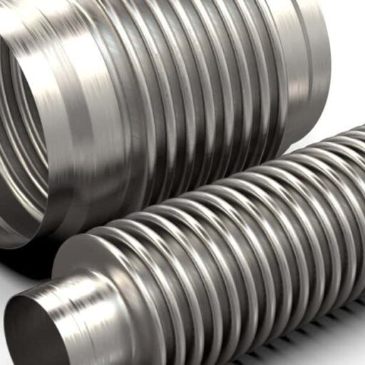 A pair of silver bellow flex joints lie on a white background. One joint is significantly larger than the other.
