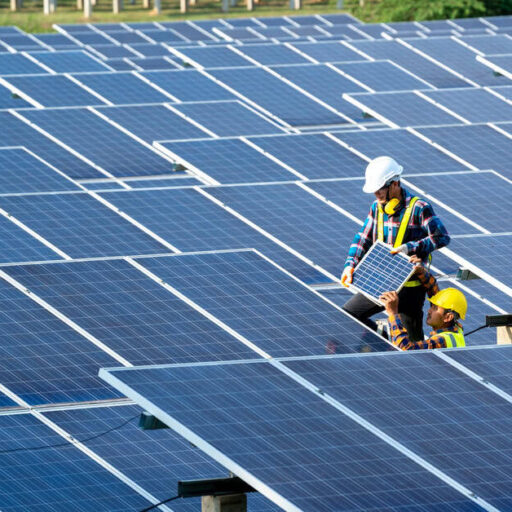A pair of engineers work on the panels outside a solar power plant station. They stand in the middle of many rows of panels.